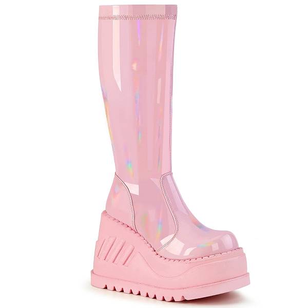 Demonia Women's Stomp-200 Knee High Platform Boots - Baby Pink Hologram Stretch Patent D0146-53US Clearance